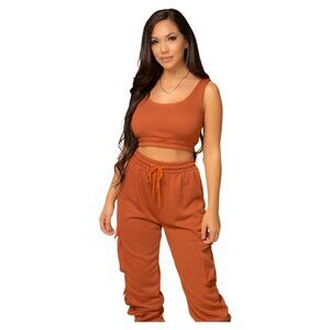 Ribbed Crop Top and Cargo Jogger Set Brown Medium